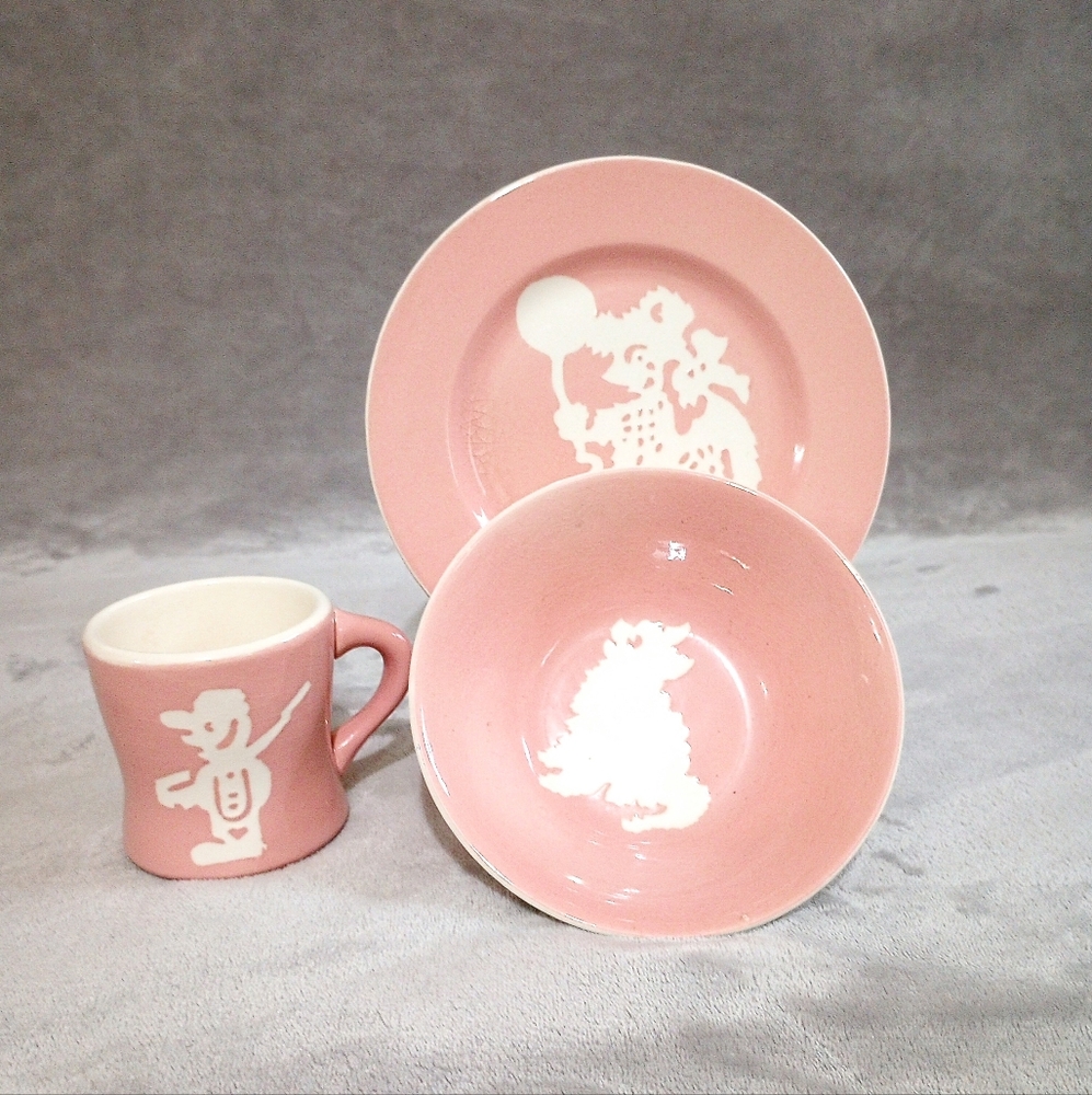 Rare Harker Pottery Pink Cameoware Child's Baby Dish Set Pink